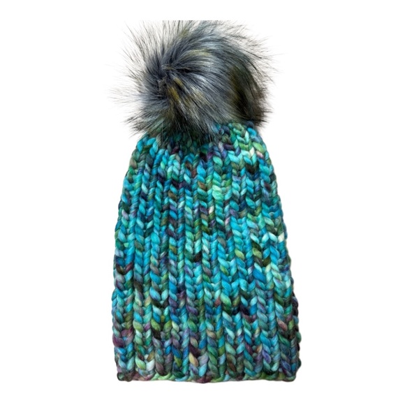 Hand knit blues/greys/greens variegated knit hat with faux fur pom main image 7